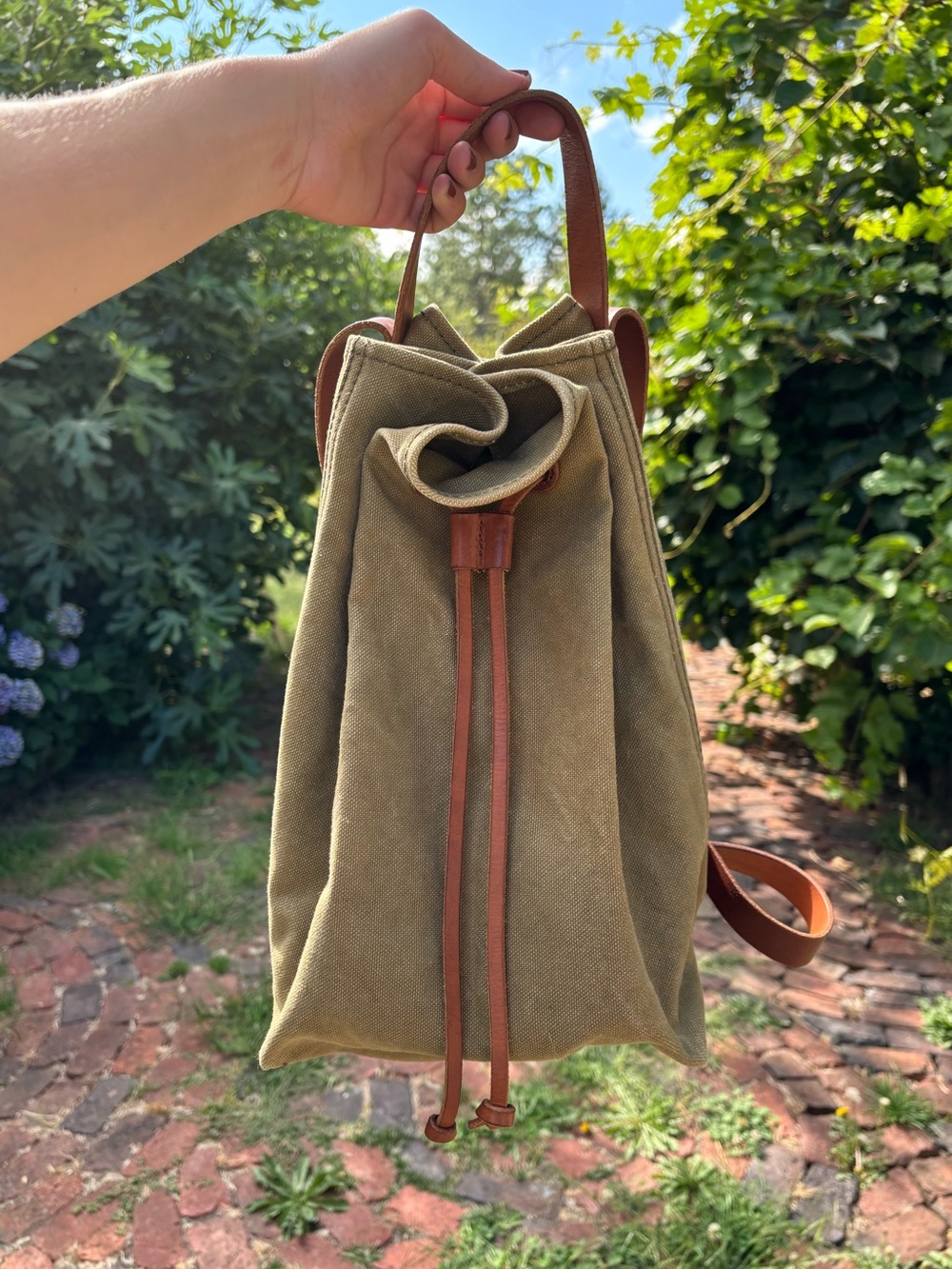 Madewell Canvas Drawstring Backpack Bag in Olive with Brown Leather Trim